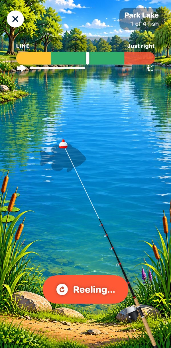 The fishing game at Park Lake, reeling in a fish